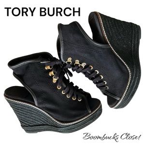 TORY BURCH Black and gold Lace up  OPEN TOE JUTE WEDGE HEEL PLATFORM HEELS